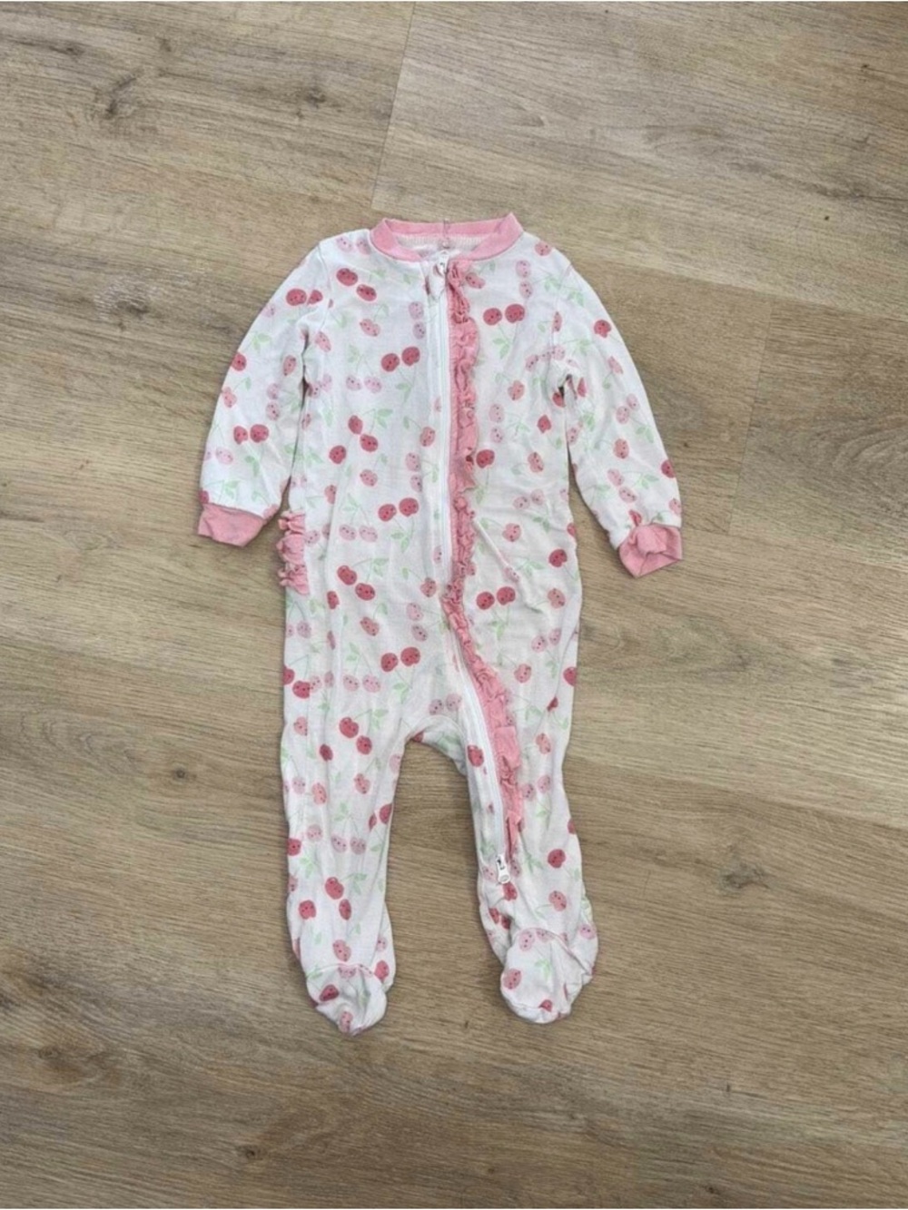 Silkberry Baby Pink and White Cherry-Print Footed Pajama One-Piece